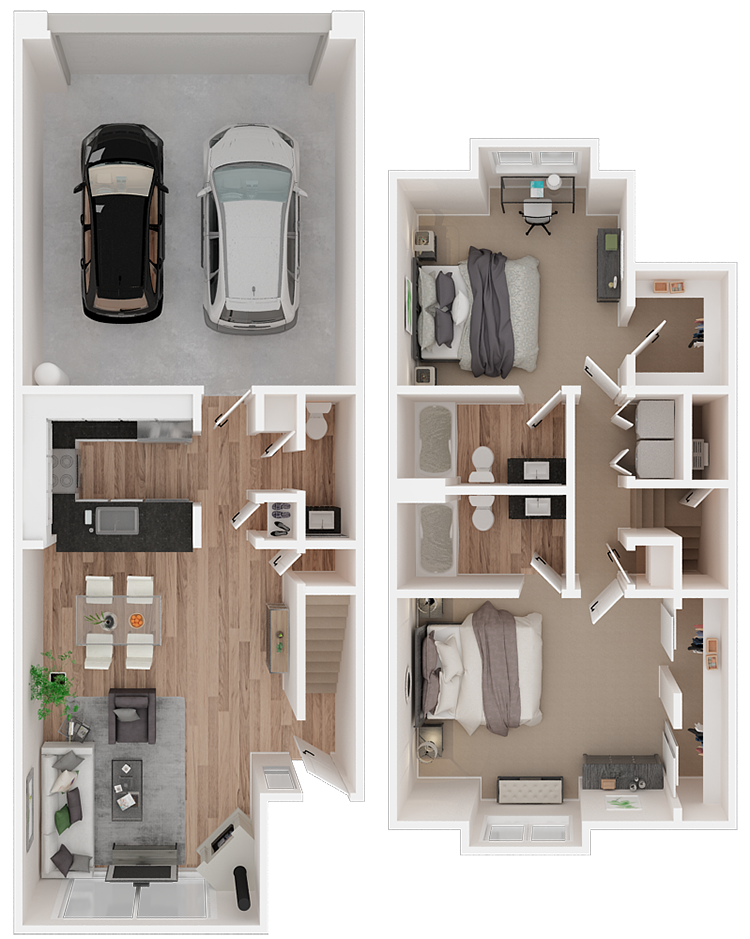 Floor plan for 2 beds, 2.5 baths, 830 sqft
